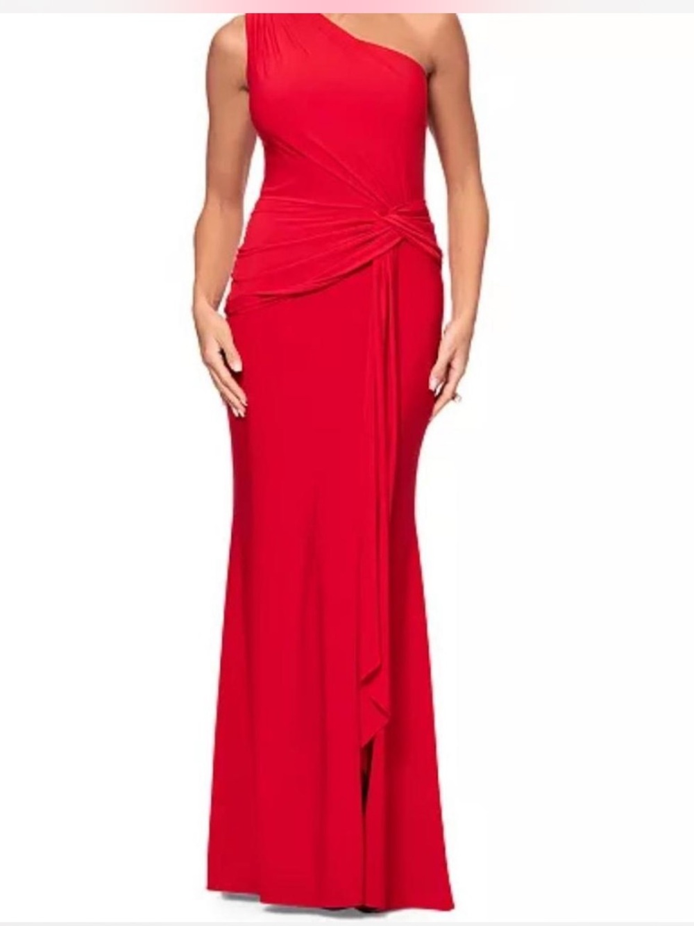 Xscape One-Shoulder Red Draped Evening Gown